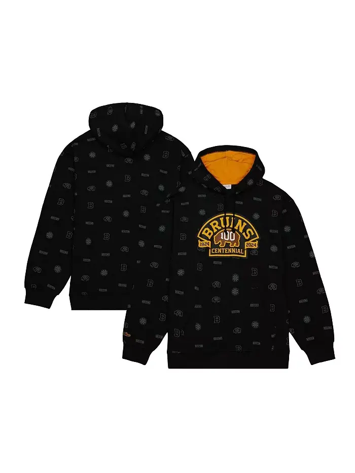 Мужская черная толстовка с капюшоном Boston Bruins 100th Anniversary Allover Print Pullover Hoodie — изображение 1 из 4