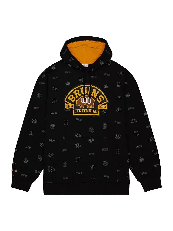 Мужская черная толстовка с капюшоном Boston Bruins 100th Anniversary Allover Print Pullover Hoodie — изображение 3 из 4