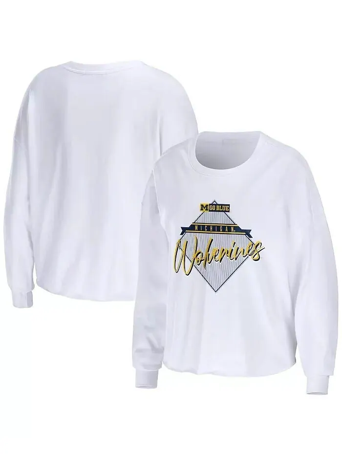 Женская укороченная футболка с длинными рукавами белого цвета Michigan Wolverines Diamond Wear By — изображение 1 из 3