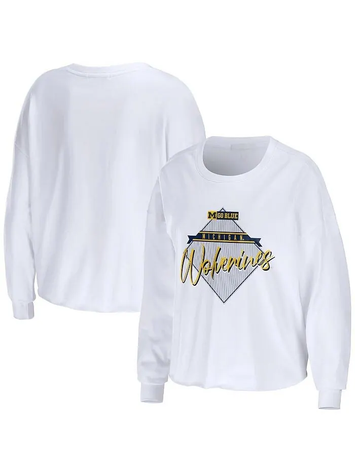 Женская укороченная футболка с длинными рукавами белого цвета Michigan Wolverines Diamond WEAR by — изображение 1 из 3, белый