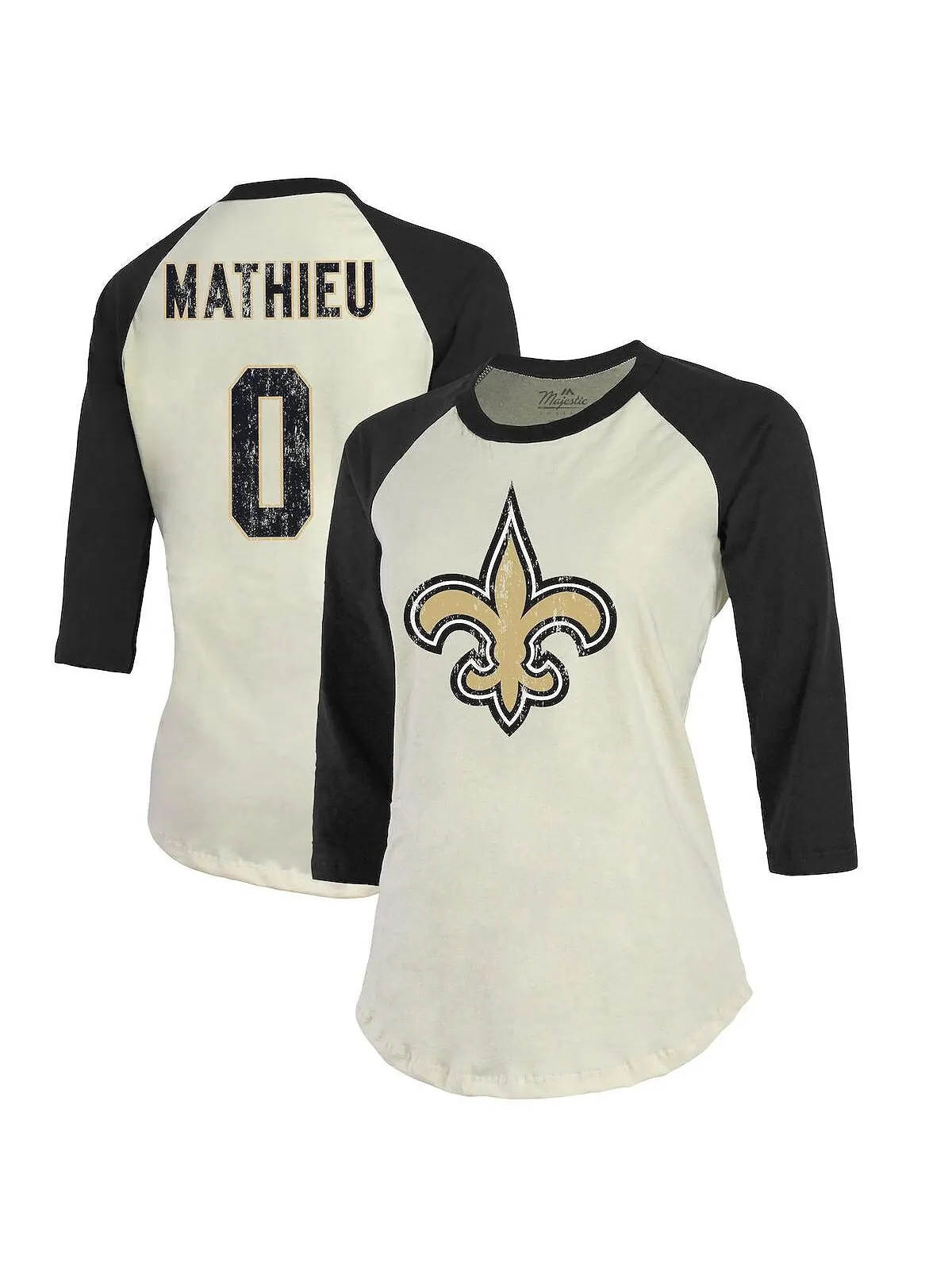 Женские нити Tyrann Mathieu кремового цвета, черная футболка New Orleans Saints с именем и номером — изображение 1 из 3