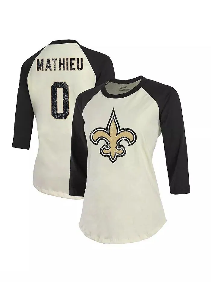 Женские нити Tyrann Mathieu кремового цвета, черная футболка New Orleans Saints с именем и номером — изображение 1 из 3