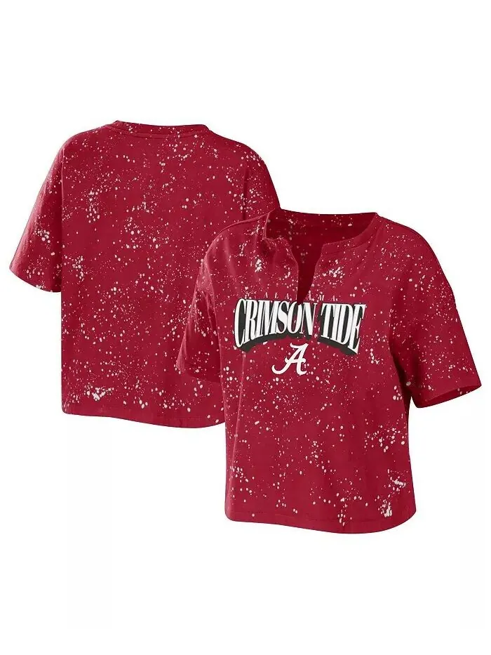 Женская футболка Crimson Alabama Crimson Tide Bleach Wash Splatter Notch Neck Wear By Erin Andrews — изображение 1 из 3