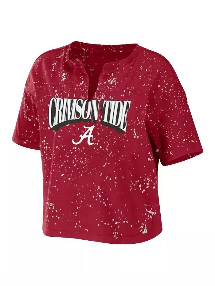 Женская футболка Crimson Alabama Crimson Tide Bleach Wash Splatter Notch Neck Wear By Erin Andrews — изображение 2 из 3