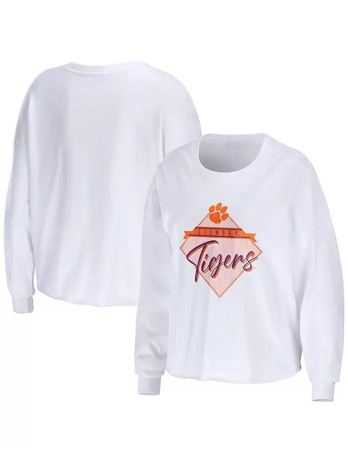 Женская белая укороченная футболка с длинными рукавами Clemson Tigers Diamond Wear By Erin Andrews — изображение 1 из 3