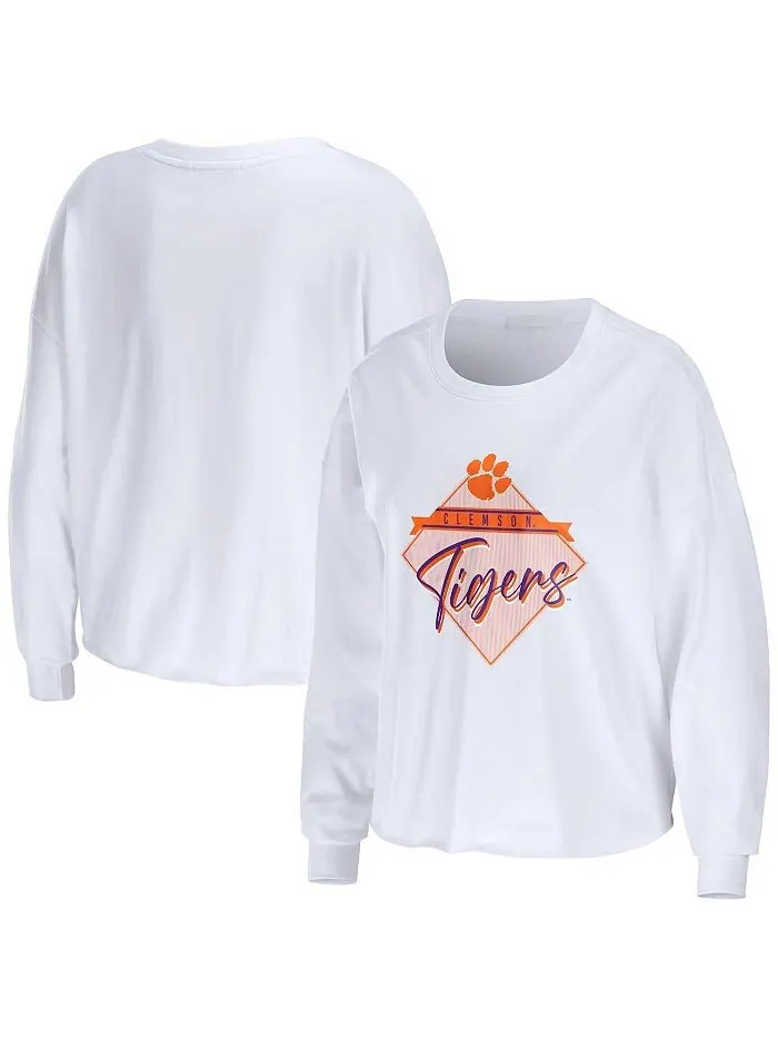 Женская белая укороченная футболка с длинными рукавами Clemson Tigers Diamond WEAR by Erin Andrews — изображение 1 из 3