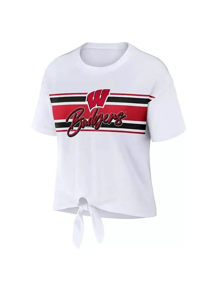 Женская укороченная футболка White Wisconsin Badgers в полоску спереди с узлом Wear By Erin Andrews — изображение 2 из 3