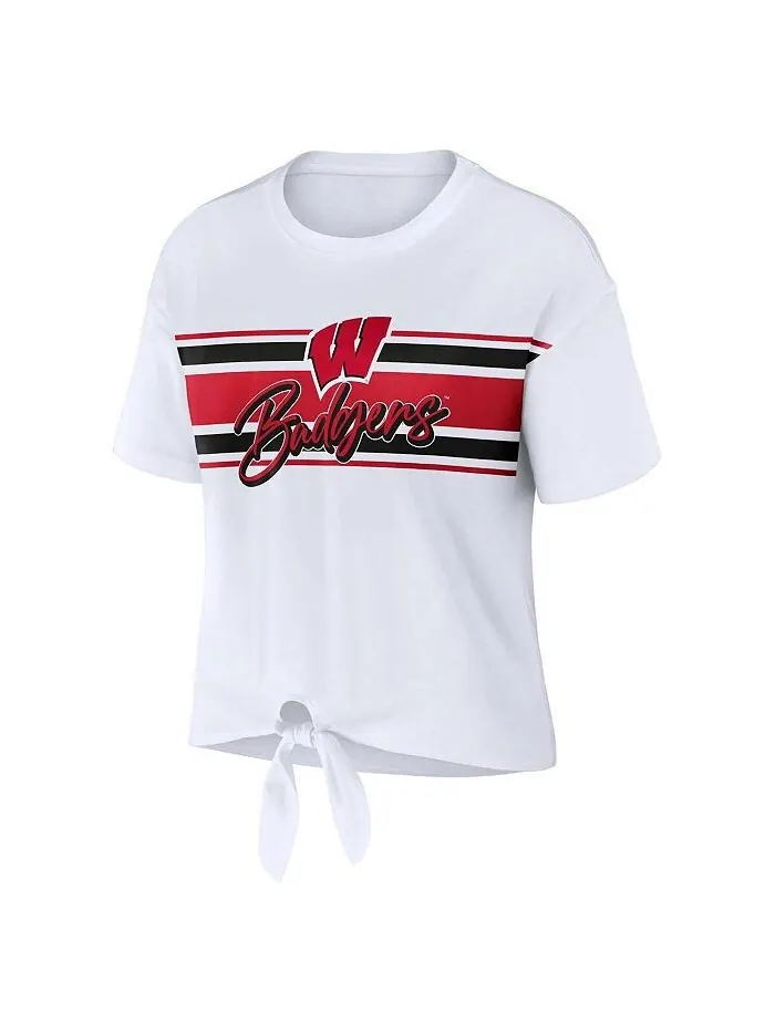 Женская укороченная футболка White Wisconsin Badgers в полоску спереди с узлом WEAR by Erin Andrews — изображение 2 из 3