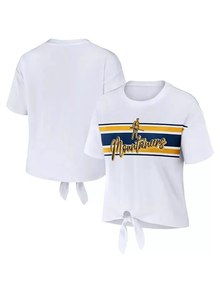 Женская белая укороченная футболка West Virginia Mountaineers в полоску спереди с узлом Wear By — изображение 1 из 3