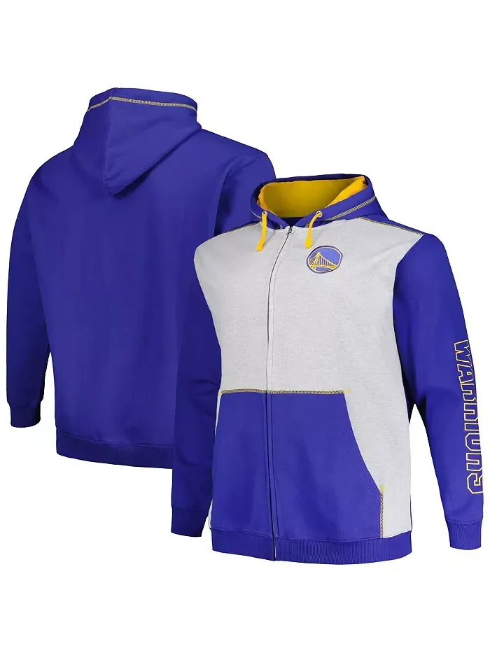 Мужская контрастная худи с молнией и стежками Golden State Warriors Big Tall в цветах Royal/Heather — изображение 1 из 3