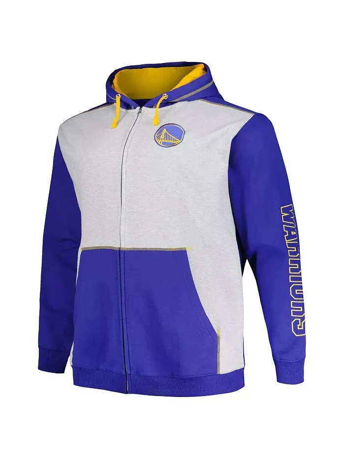Мужская контрастная худи с молнией и стежками Golden State Warriors Big Tall в цветах Royal/Heather — изображение 3 из 3