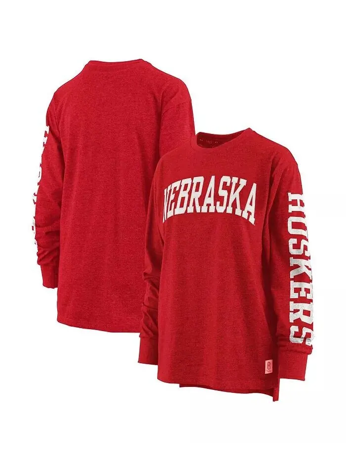 Женская футболка с длинным рукавом Heathered Scarlet Nebraska Huskers Two-Hit Canyon Pressbox — изображение 1 из 4