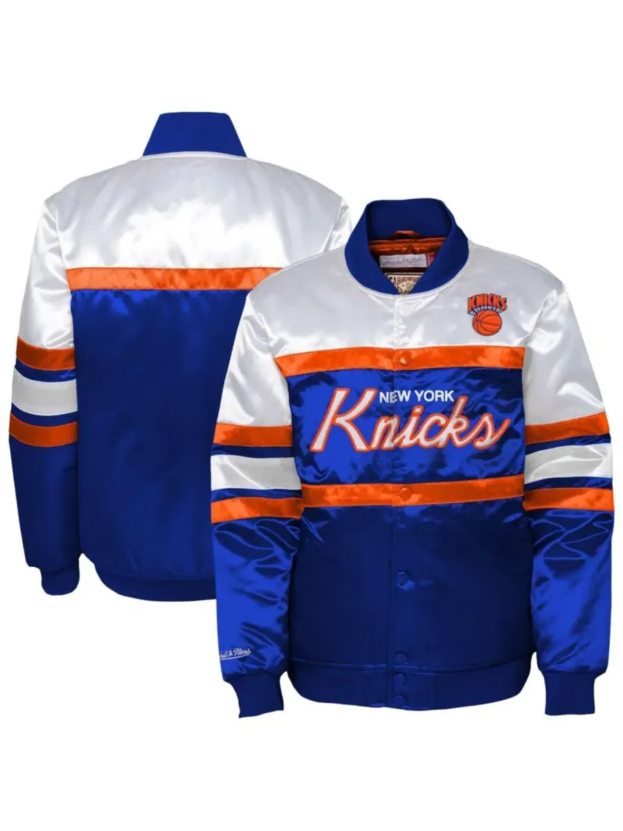Куртка атласная с полной застежкой на кнопках New York Knicks Mitchell & Ness — изображение 1 из 3, синий