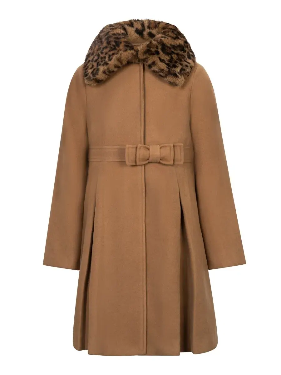 Пальто с двойным бантом и меховым воротником S Rothschild & CO, Camel Leopard — изображение 1 из 3