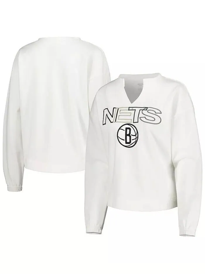 Женская белая футболка с длинным рукавом Brooklyn Nets Sunray Notch Neck Concepts Sport — изображение 1 из 2