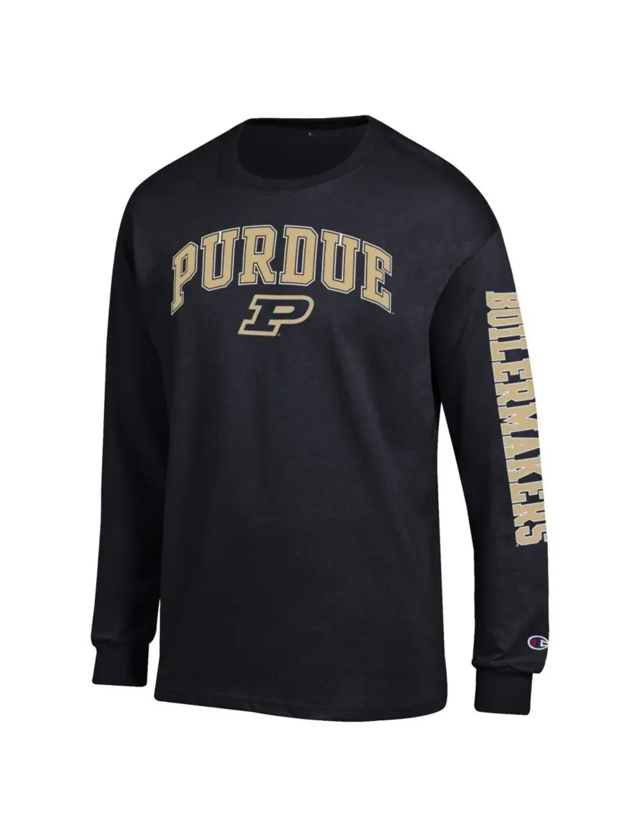 Champion Мужская черная футболка с длинным рукавом Purdue Boilermakers Arch Over Logo 2-Hit — изображение 3 из 3, черный