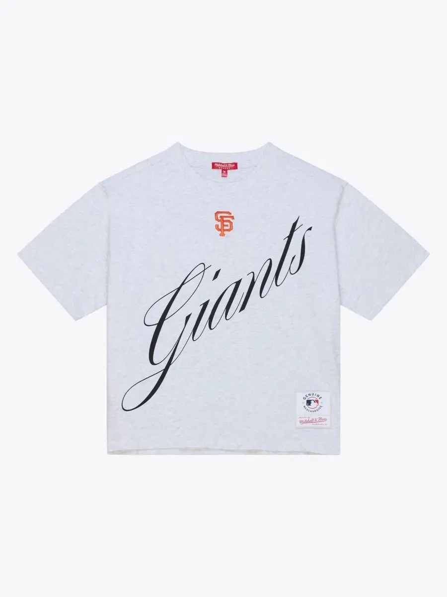 Футболка-кроп с принтом Script Cropped Boxy T-Shirt Mitchell & Ness — изображение 1 из 4, серый