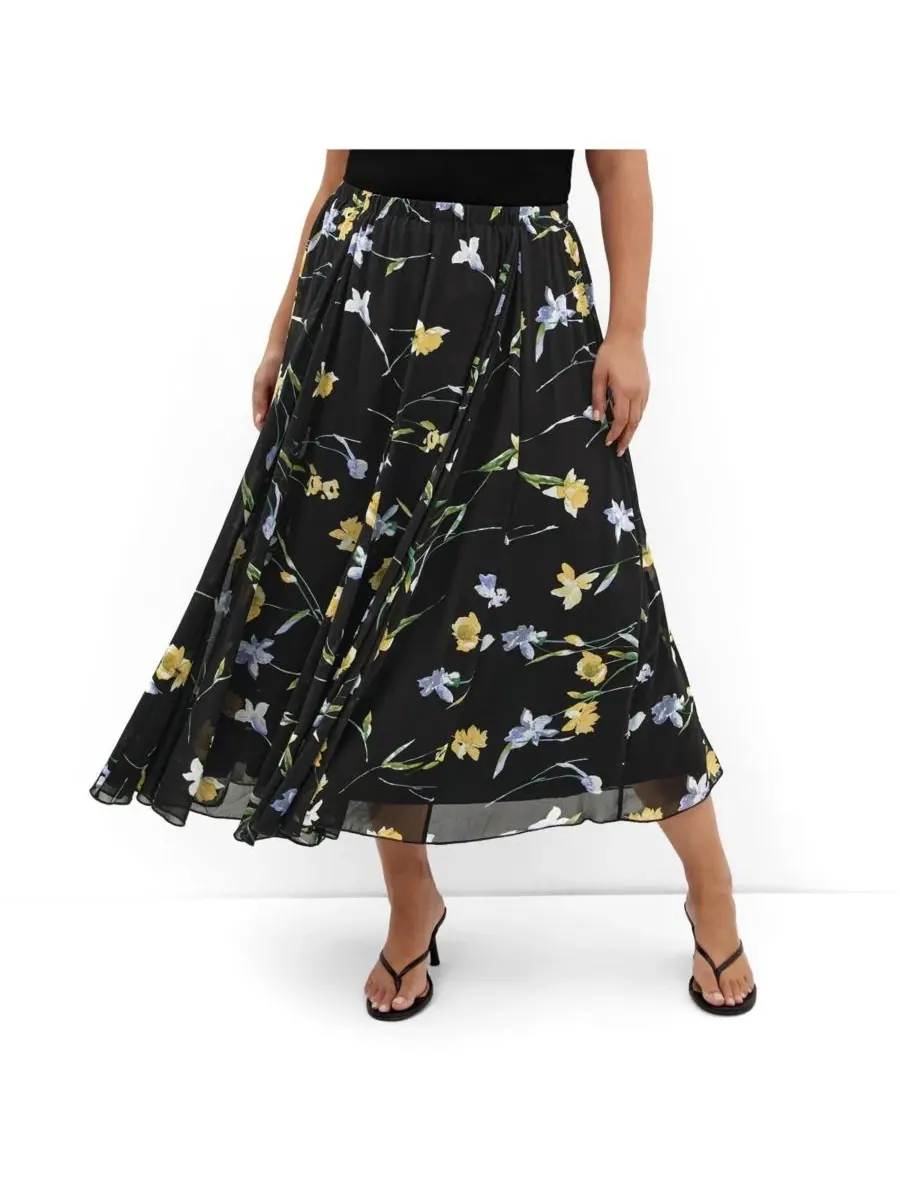 Юбка-трапеция миди с принтом Serene Petal Print, City Chic, Midnight Petals