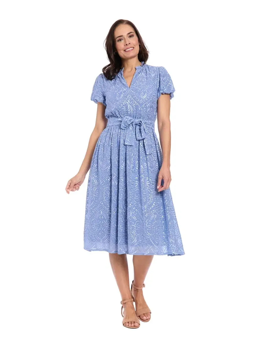 Платье миди с воланами и рукавом-фонарик, модель Petite Ruffle Neck Bubble-Sleeve Elastic Waistband — изображение 1 из 4