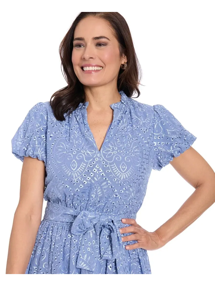 Платье миди с воланами и рукавом-фонарик, модель Petite Ruffle Neck Bubble-Sleeve Elastic Waistband — изображение 3 из 4