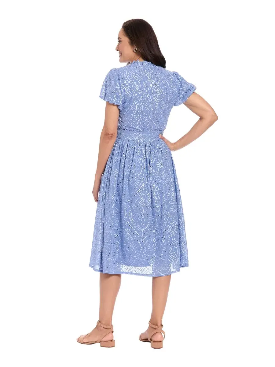 Платье миди с воланами и рукавом-фонарик, модель Petite Ruffle Neck Bubble-Sleeve Elastic Waistband — изображение 4 из 4