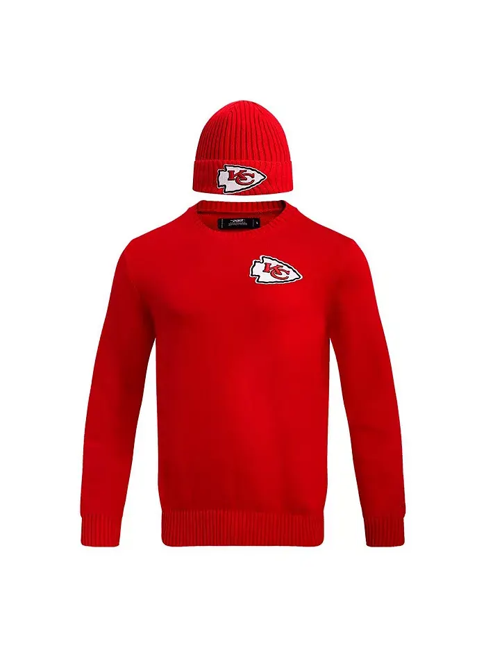 Мужской подарочный набор: красный свитер с круглой горловиной Kansas City Chiefs и вязаная шапка с — изображение 3 из 4