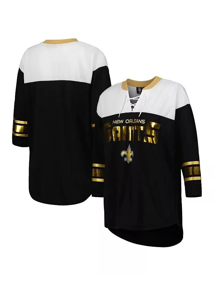 Женская черно-белая футболка New Orleans Saints Double Team с рукавами 3/4 на шнуровке G-Iii 4Her — изображение 1 из 3