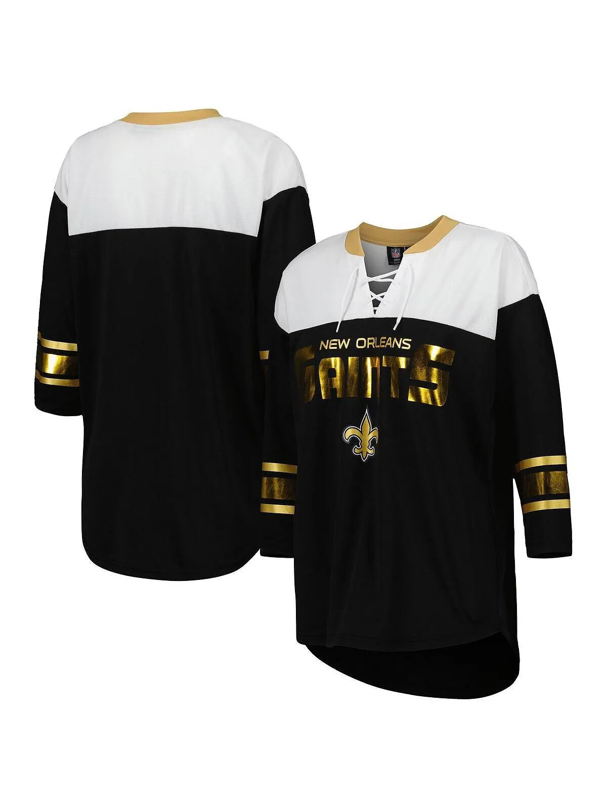 Женская черно-белая футболка New Orleans Saints Double Team с рукавами 3/4 на шнуровке G-III 4Her — изображение 1 из 3