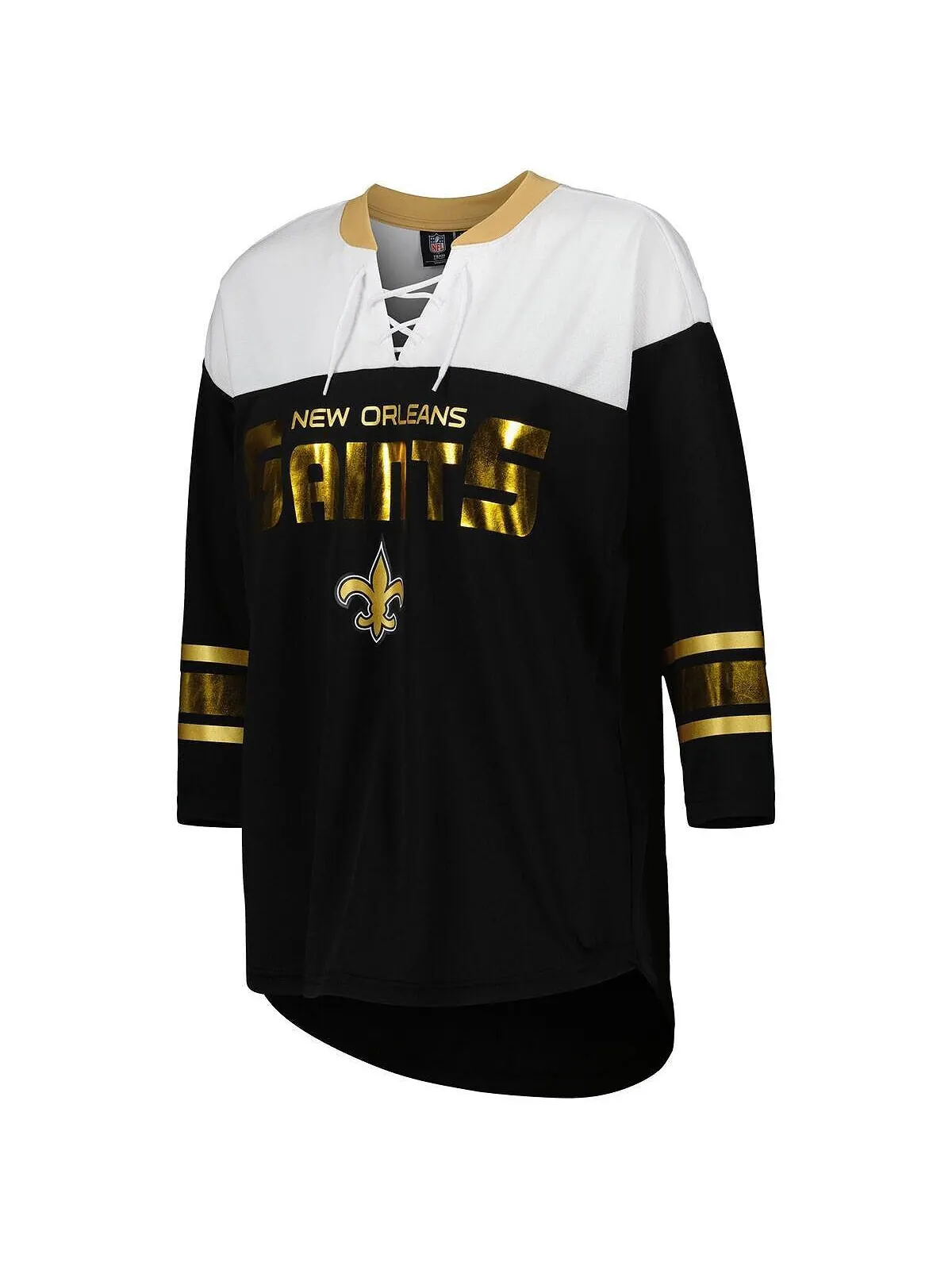 Женская черно-белая футболка New Orleans Saints Double Team с рукавами 3/4 на шнуровке G-III 4Her — изображение 2 из 3