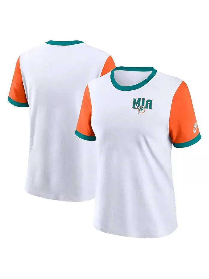 Женская белая/оранжевая футболка Miami Dolphins Rewind Ringer Nike — изображение 1 из 3