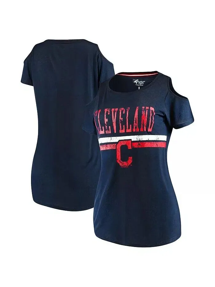 Женская темно-синяя футболка Cleveland Indians Clear The Bases с открытыми плечами и овальным — изображение 1 из 3