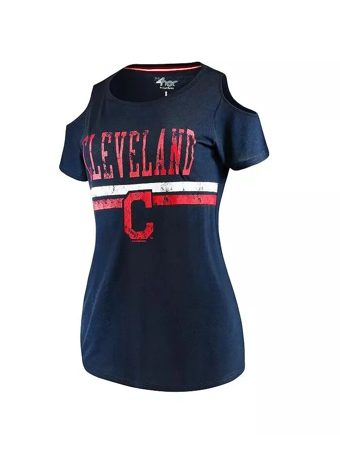 Женская темно-синяя футболка Cleveland Indians Clear The Bases с открытыми плечами и овальным — изображение 2 из 3