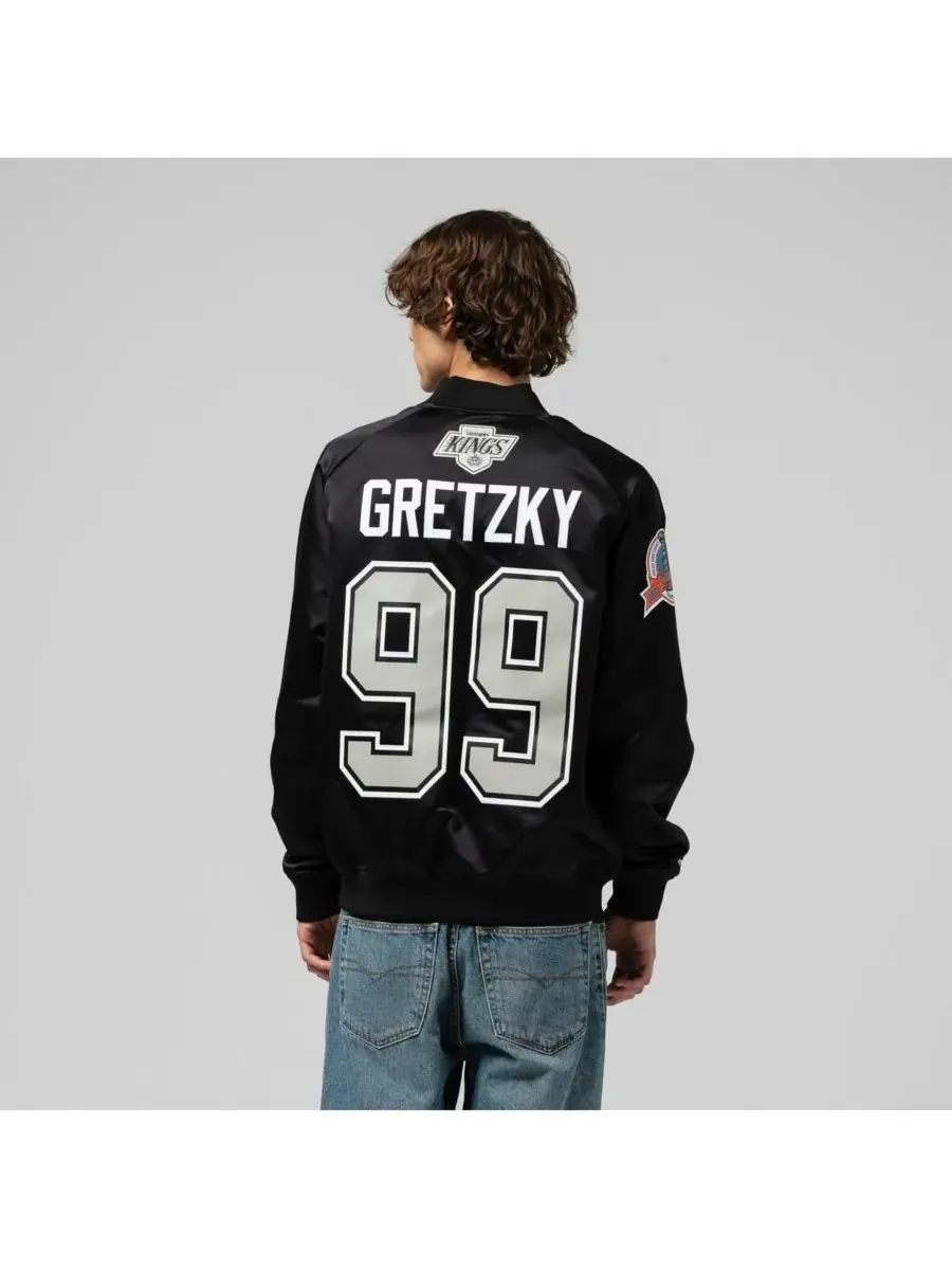 Mitchell & Ness Мужская и женская черная атласная куртка на молнии с изображением Уэйна Гретцки из — изображение 2 из 5