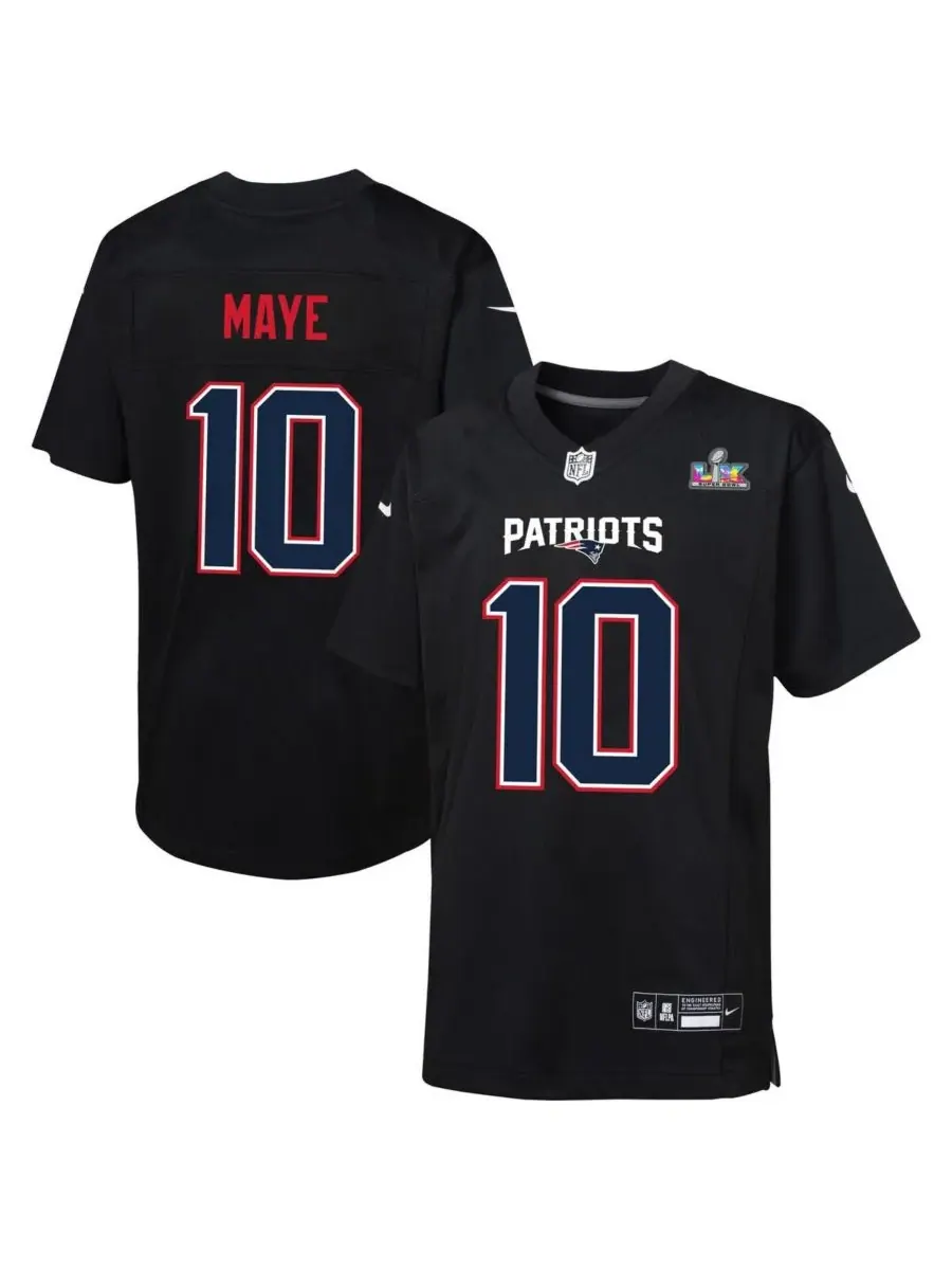 Nike Детская футболка Drake Maye Black New England Patriots Super Bowl LX Patch Carbon Fashion Game — изображение 1 из 3