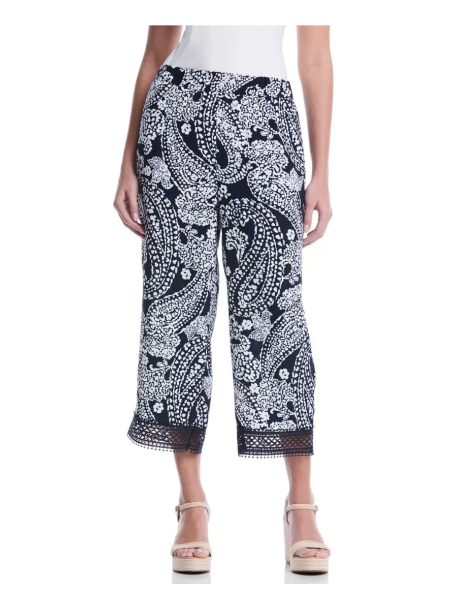 Брюки женские с принтом пейсли, модель Petite Paisley Crochet Trim Pants Rafaella, Peacoat — изображение 1 из 5