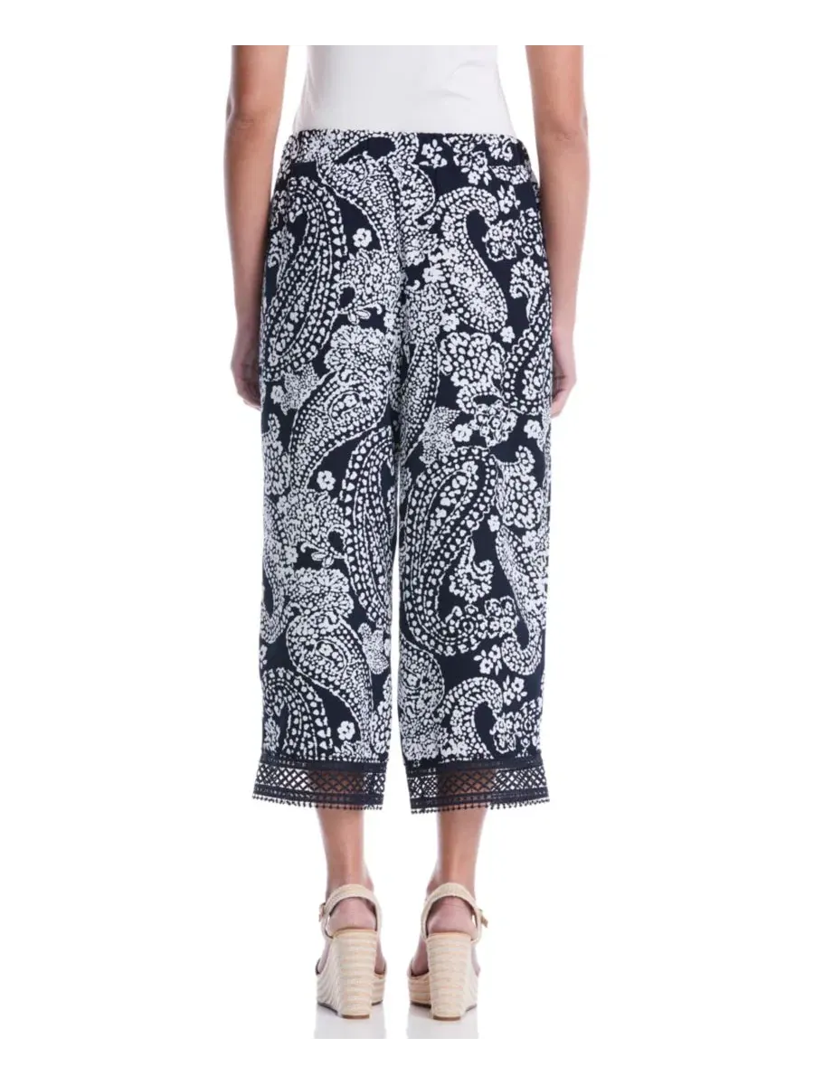 Брюки женские с принтом пейсли, модель Petite Paisley Crochet Trim Pants Rafaella, Peacoat — изображение 5 из 5