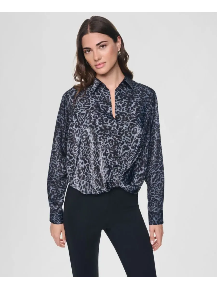 Женская рубашка с принтом и twist-драпировкой, с длинным рукавом DKNY, Moonlit Leopard