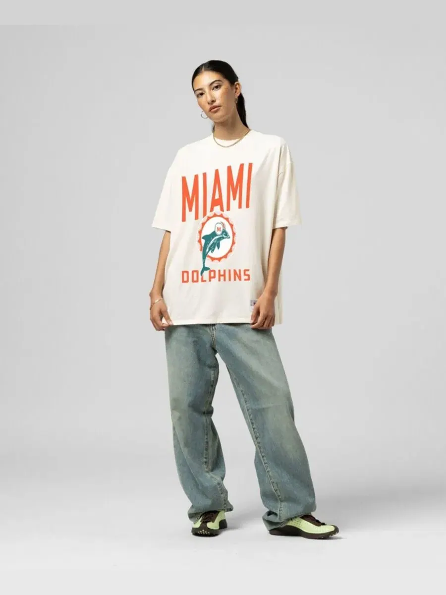 Футболка оверсайз с принтом логотипа Miami Dolphins Mitchell & Ness — изображение 1 из 2, бежевый