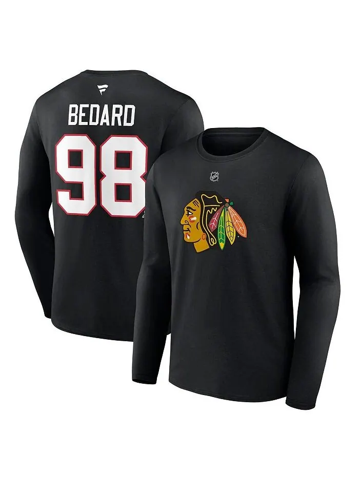Мужская черная футболка с длинным рукавом с фирменным логотипом Connor Bedard Chicago Blackhawks и — изображение 1 из 3