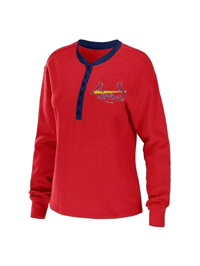 Красная женская футболка с длинным рукавом St. Louis Cardinals Waffle Henley Wear By Erin Andrews — изображение 2 из 3