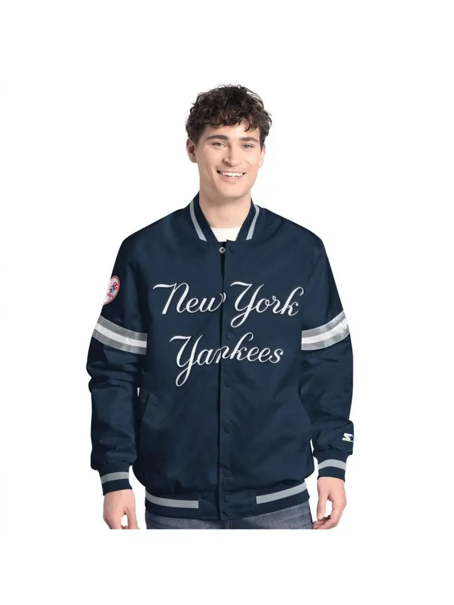 Starter Мужская темно-синяя куртка-бомбер New York Yankees Scout с застежкой на кнопках — изображение 1 из 2, темно-синий