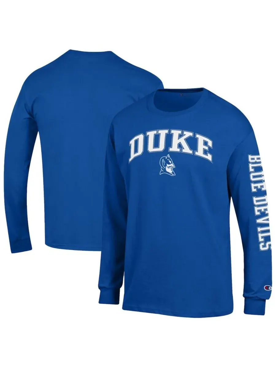 Champion Мужская футболка с длинным рукавом Royal Duke Blue Devils Arch Over Logo 2-Hit — изображение 1 из 3, королевский