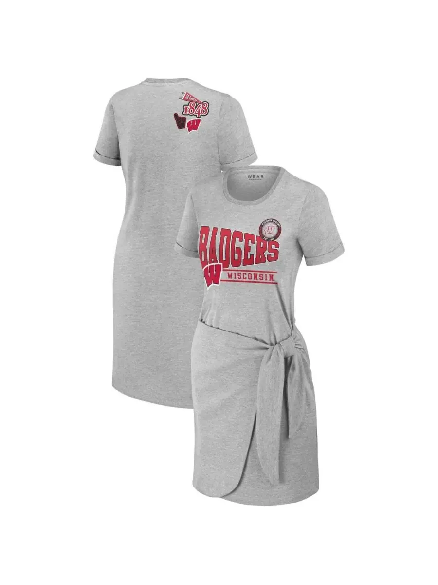 WEAR by Erin Andrews Женское платье-футболка серого цвета с узлом и символикой команды Wisconsin — изображение 1 из 3, серый