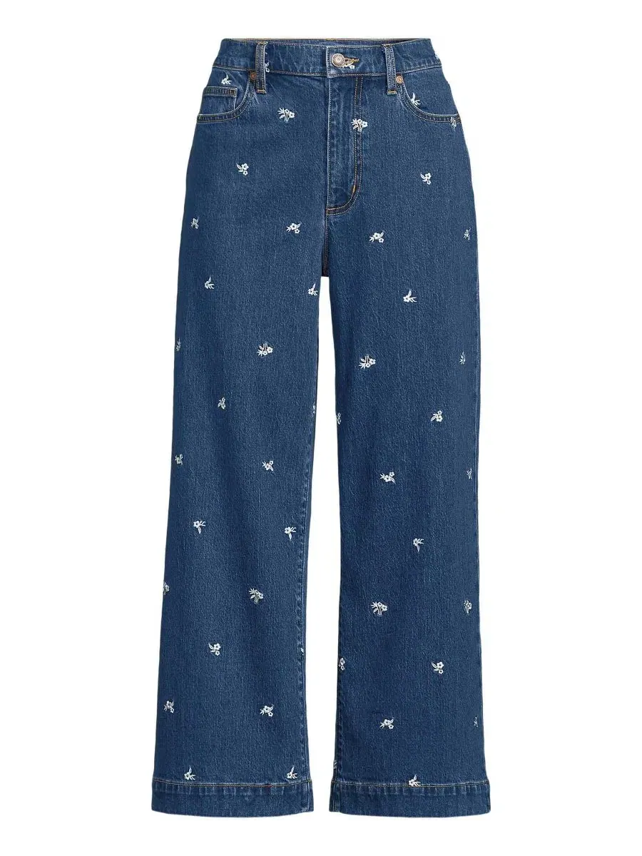Джинсы с высокой посадкой, с вышивкой, широкие укороченные Lands' End, Daisy Embroidery/Crawford — изображение 3 из 4