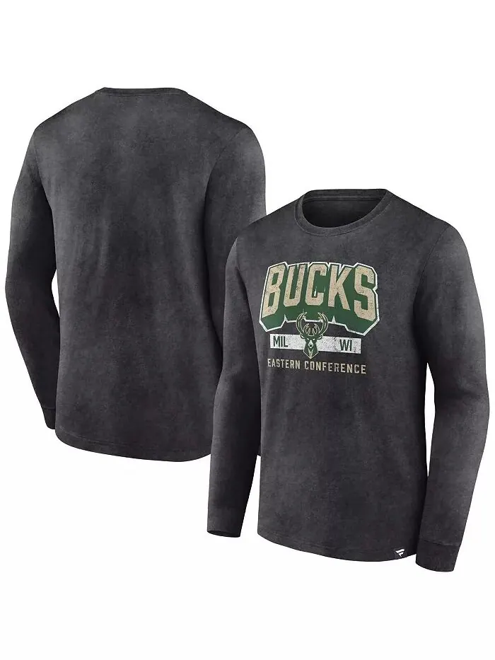 Футболка мужская Heather Charcoal Distressed Milwaukee Bucks Front Court Press Snow Wash с длинным — изображение 1 из 3