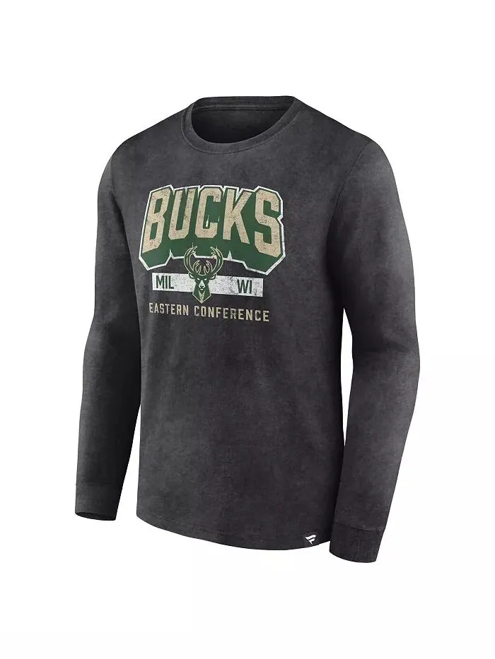 Футболка мужская Heather Charcoal Distressed Milwaukee Bucks Front Court Press Snow Wash с длинным — изображение 3 из 3