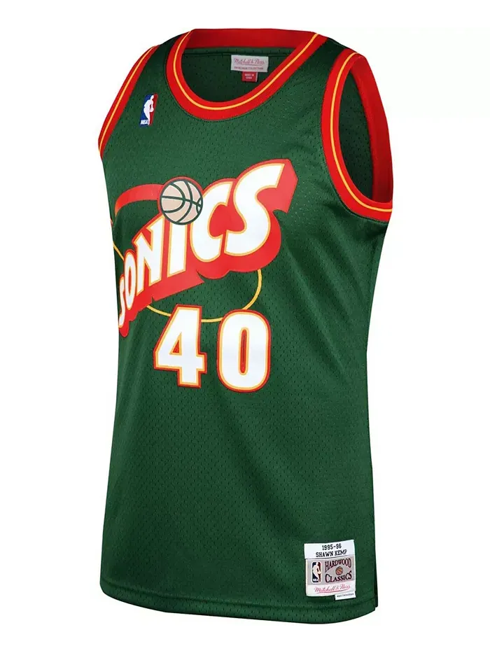 Мужская баскетбольная майка Shawn Kemp Green Seattle Supersonics 1995-96 Hardwood Classics Swingman — изображение 2 из 3
