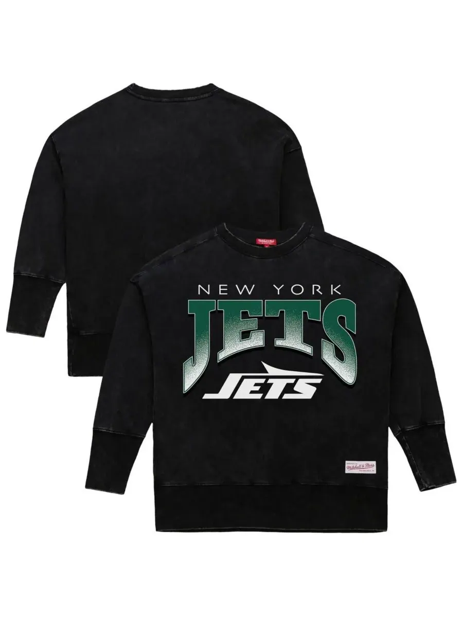 Mitchell & Ness Женская черная толстовка с круглым вырезом New York Jets Delineate Mineral Wash — изображение 1 из 3, черный