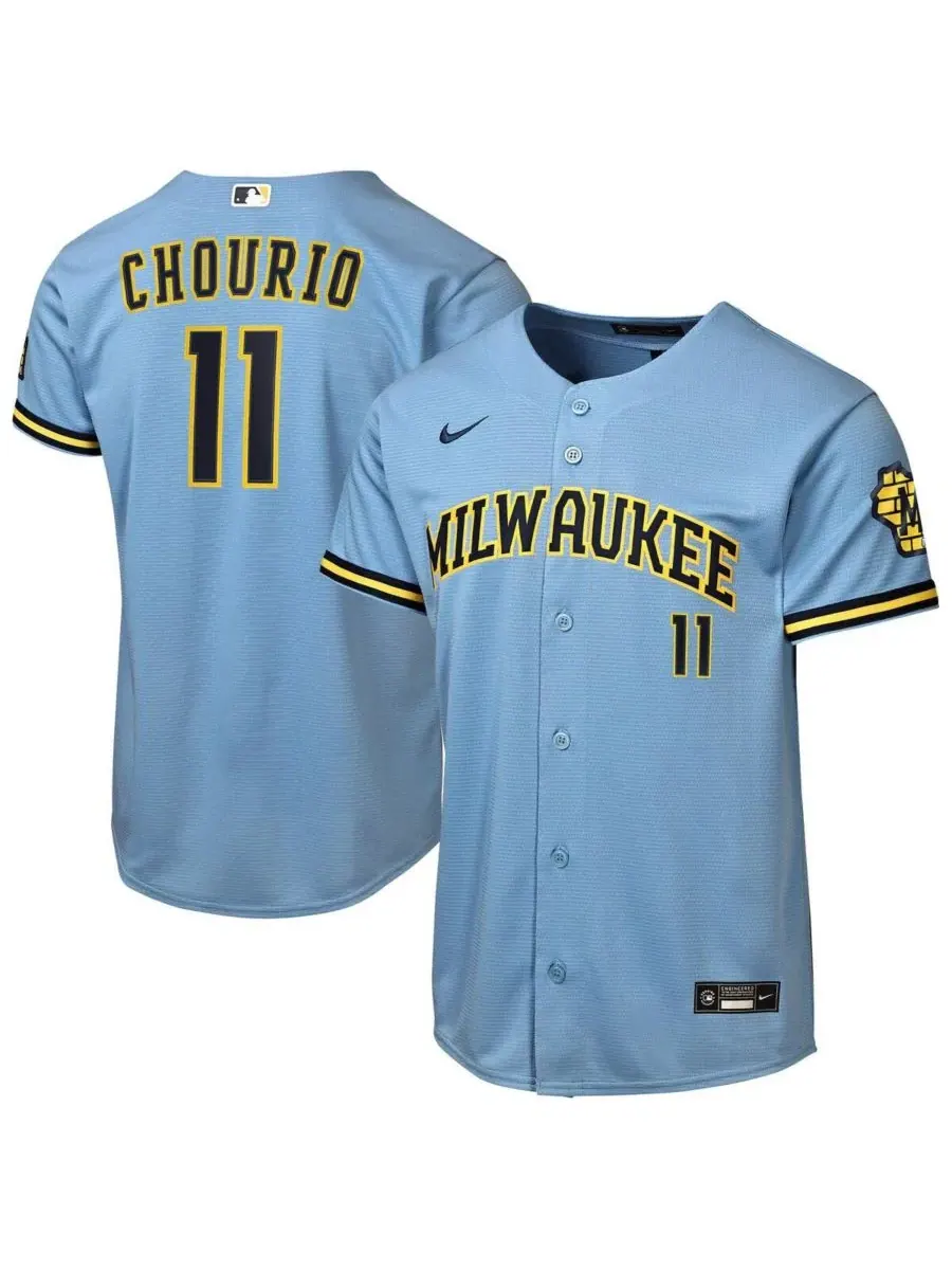 Детская футболка-джерси с длинным рукавом Jackson Chourio Stadium Player Jersey Nike — изображение 1 из 3, синий