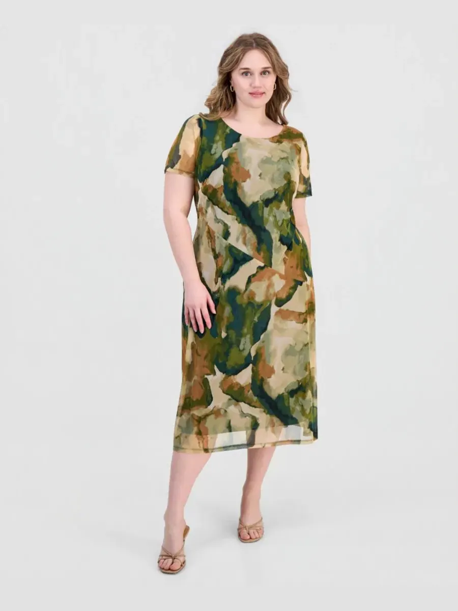 Платье миди с принтом, модель Plus Size Printed Mesh Midi Dress Connected, Olv — изображение 1 из 5